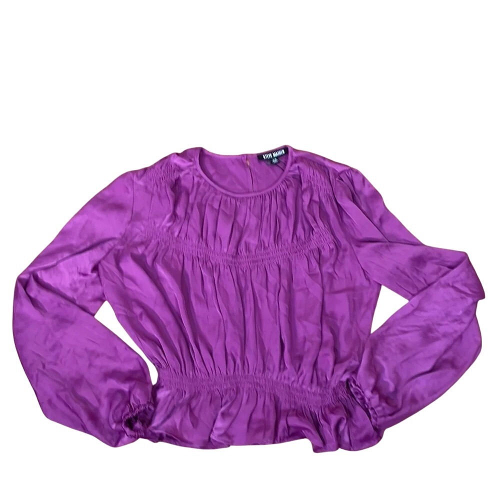 Steve Madden Pyper Top Magenta Purple Smocked Peplum Satin Blouse XS NWT